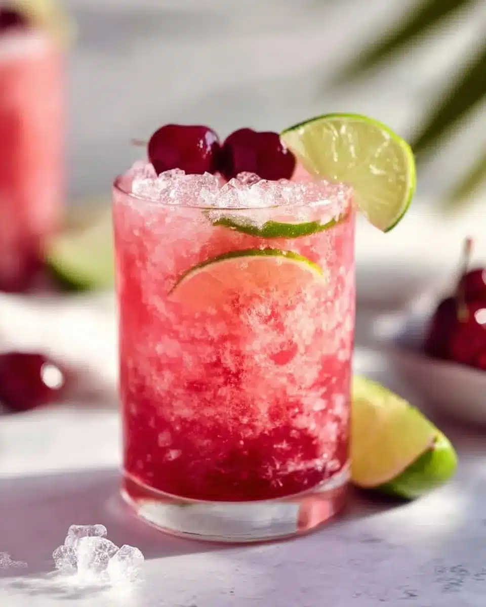 Refreshing honey sweetened cherry limeade in a glass with lime and cherries