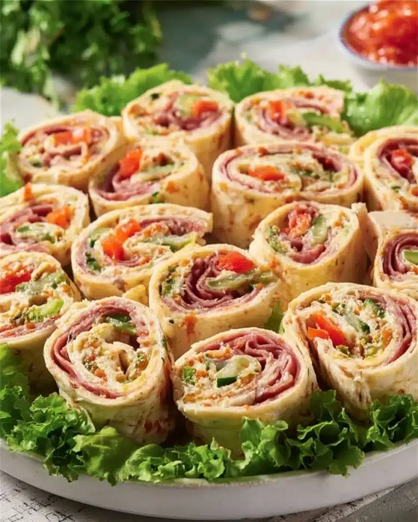 Delicious Italian Pinwheels with various ingredients rolled and sliced