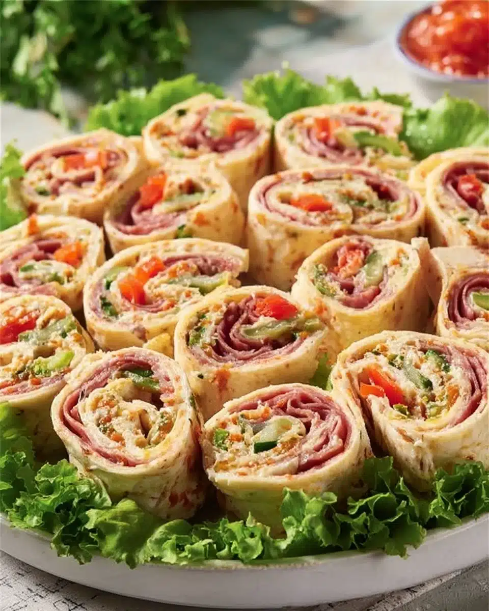 Delicious Italian Pinwheels with various ingredients rolled and sliced