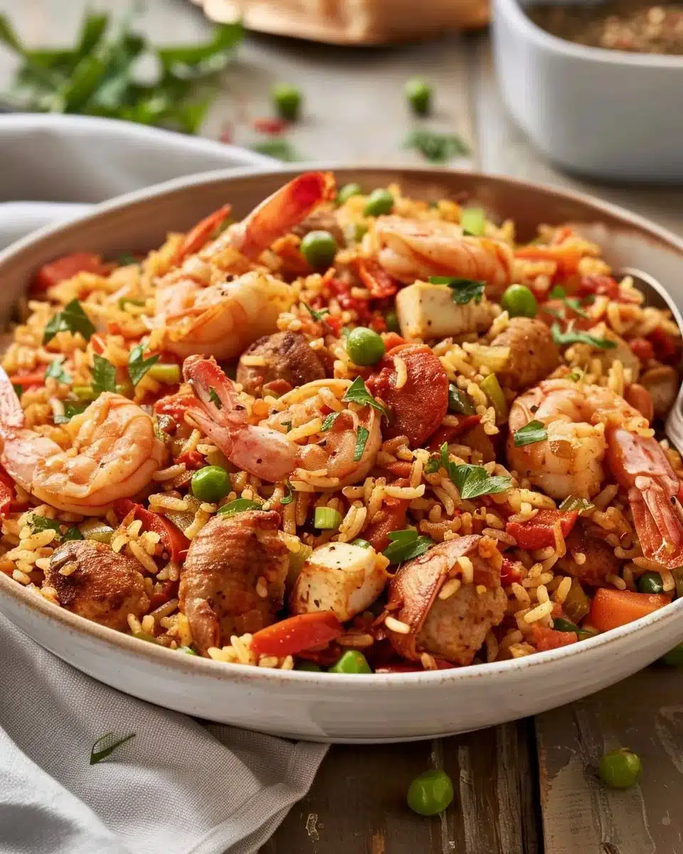 A vibrant plate of jambalaya featuring rice, seafood, and spices.