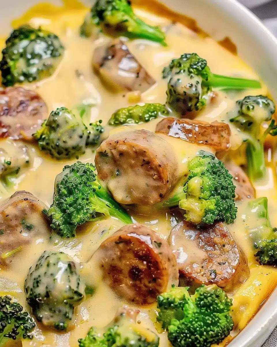Keto Broccoli Cauliflower Au Gratin with Sausage in a baking dish
