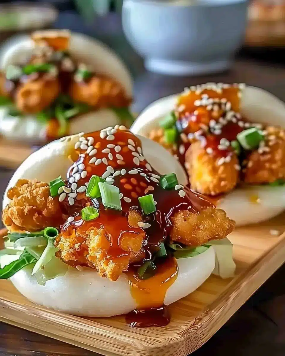 Korean Fried Chicken Bao Buns served on a platter with dipping sauce.