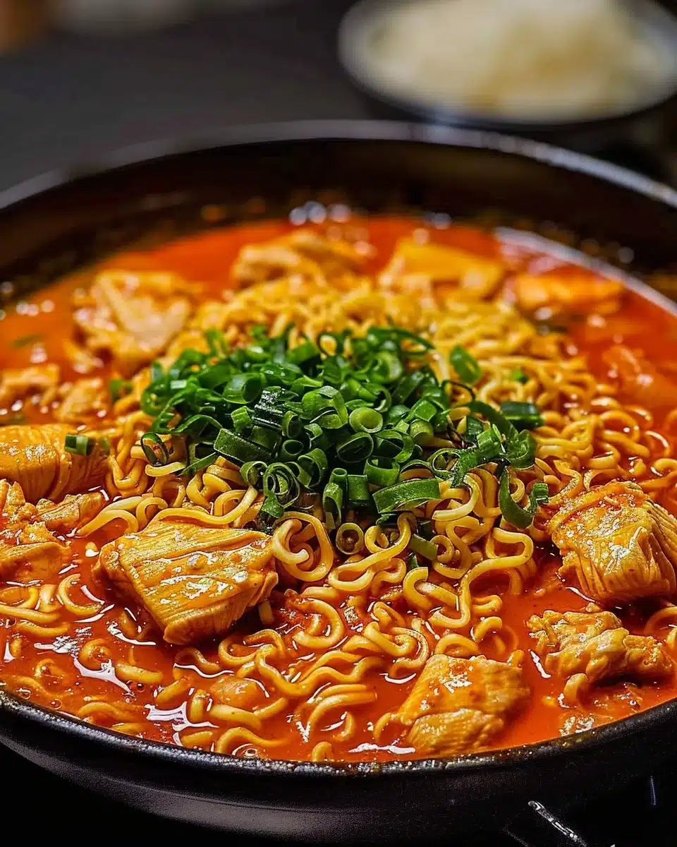 Bowl of Korean Gochujang Chicken Ramen garnished with green onions and sesame seeds.