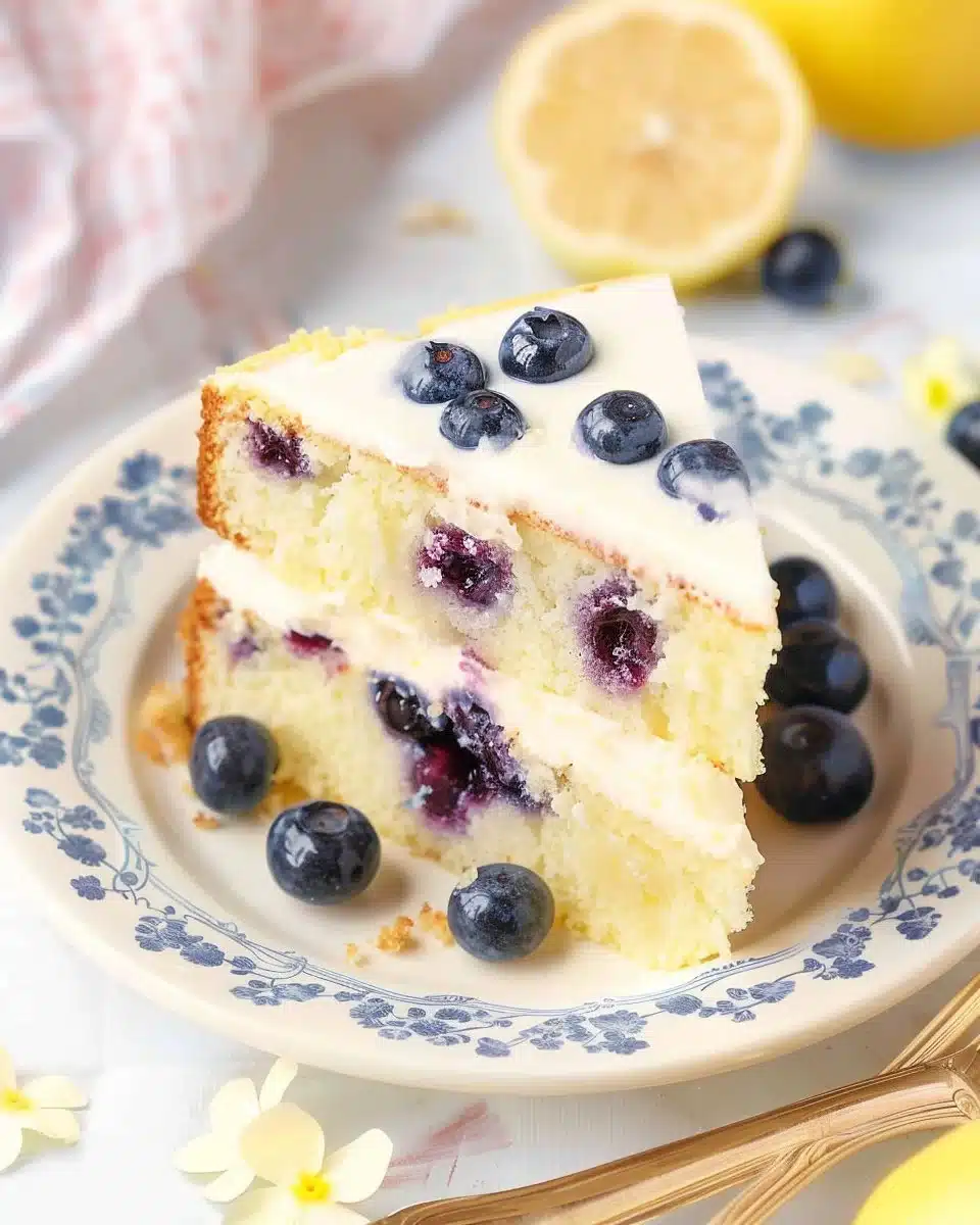 Delicious homemade Lemon Blueberry Cake topped with fresh berries and lemon zest.