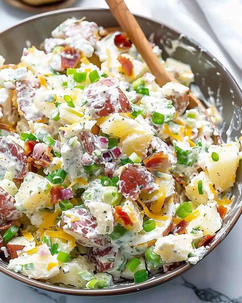 Loaded baked potato salad topped with cheese, bacon, and chives