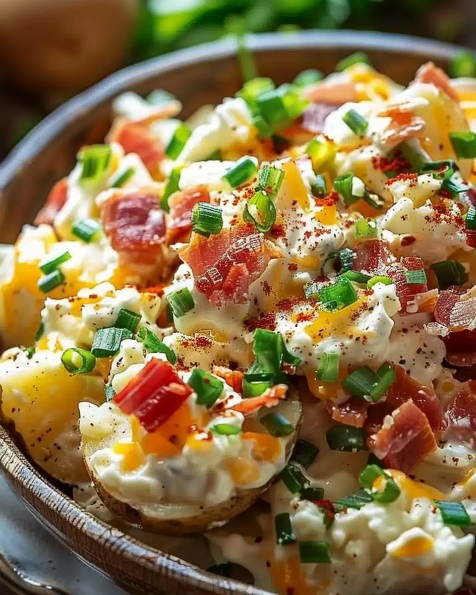 Delicious loaded baked potato salad with toppings and garnishes