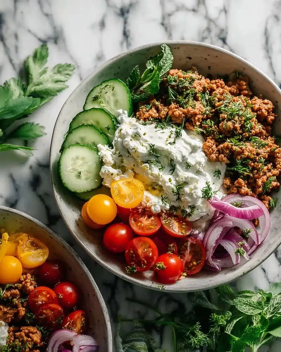 Mediterranean Ground Turkey Bowl with fresh vegetables and spices