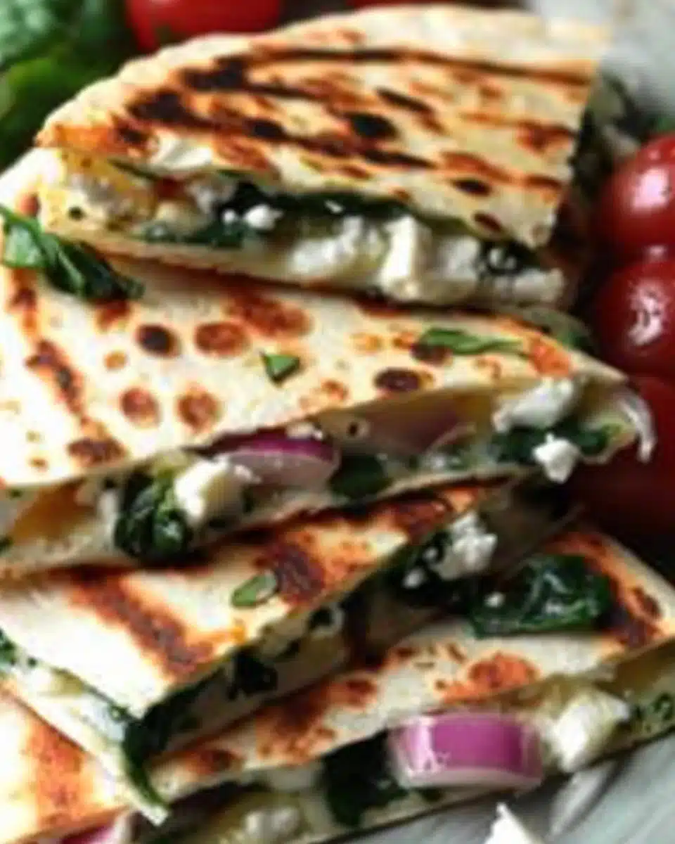 Mediterranean Quesadillas filled with vegetables and herbs on a plate