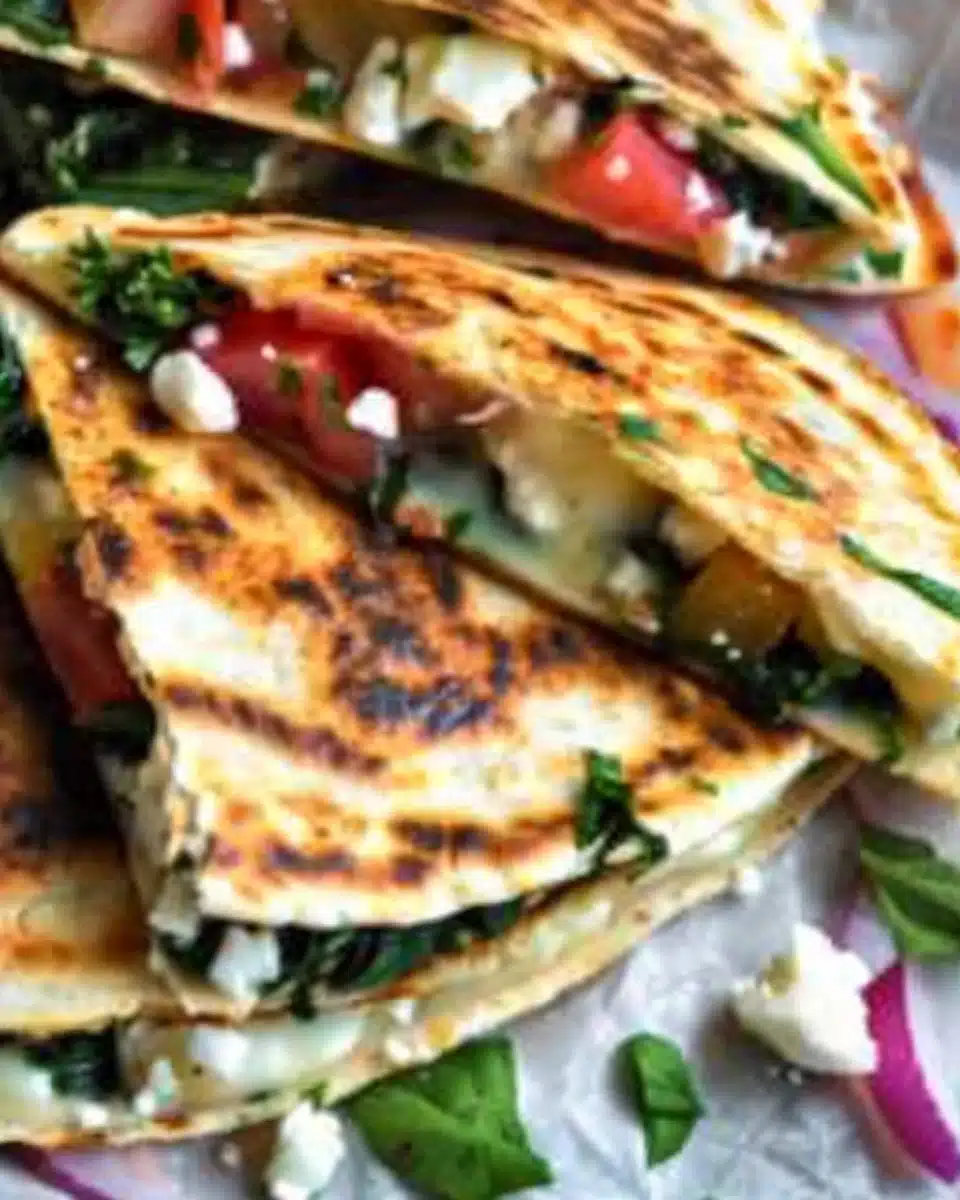 Mediterranean Quesadillas with Spinach, Feta, Mozzarella, and Red Onion