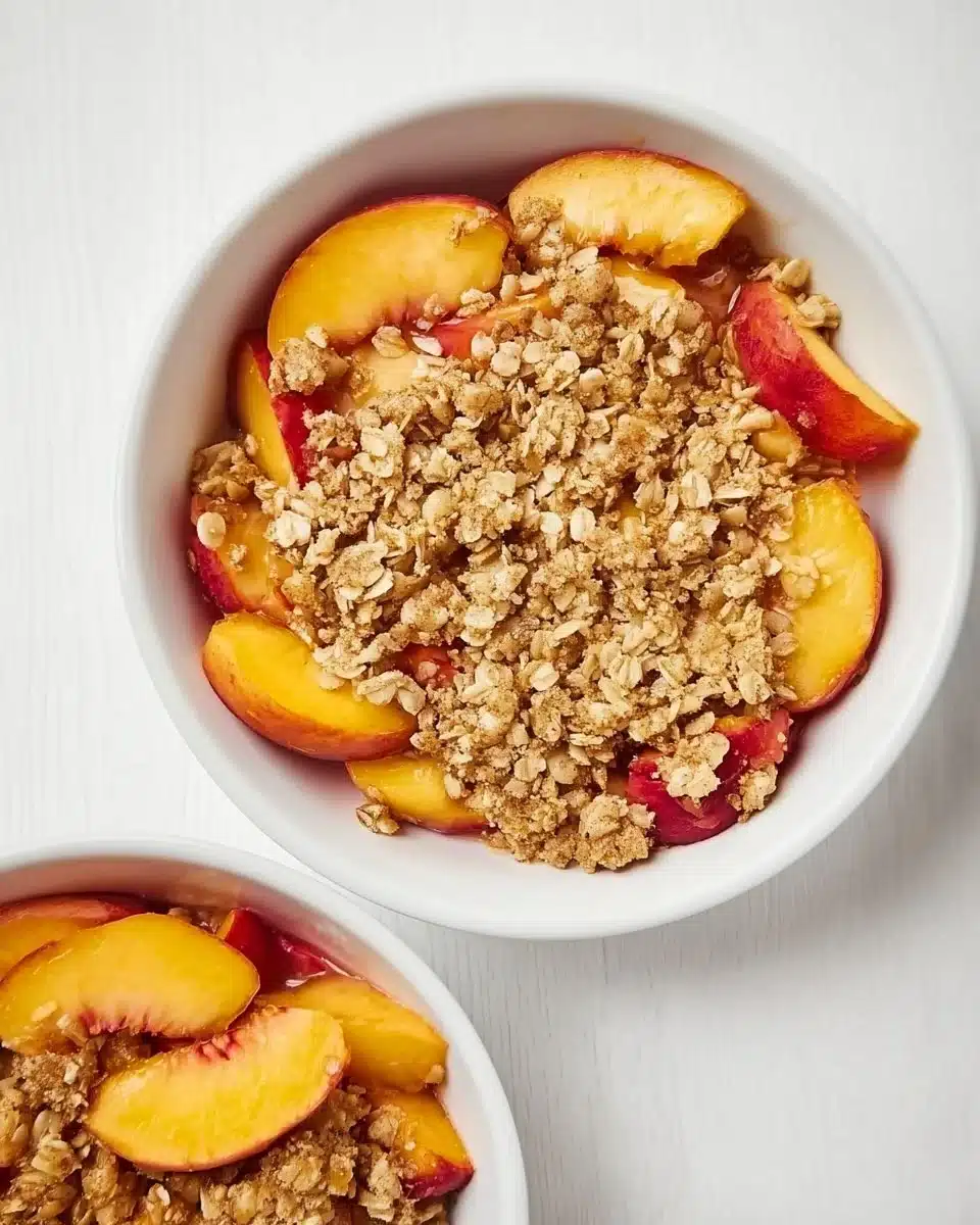 Delicious homemade Nectarine Crisp topped with crunchy oats and fresh nectarines.