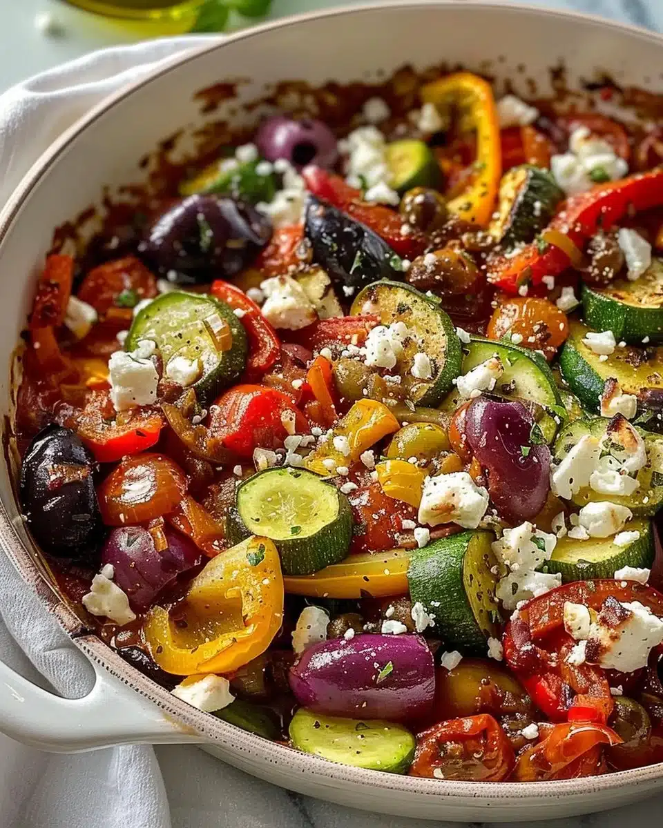 Colorful One Pan Greek Vegetables dish with zucchini, peppers, and tomatoes.