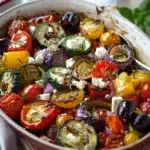 Colorful one pan Greek vegetables ready to serve.
