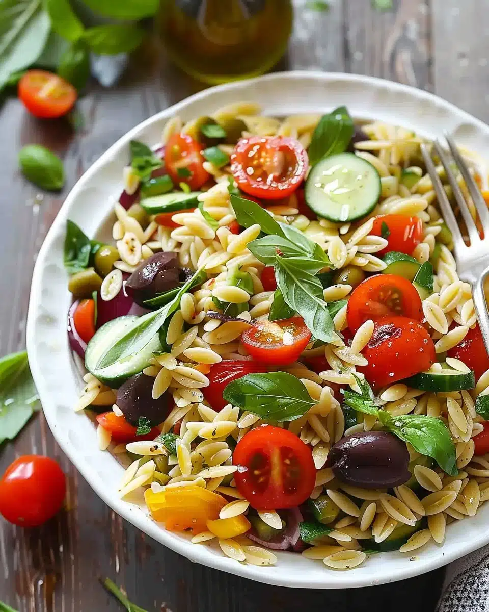 Delicious orzo salad with colorful vegetables and dressing