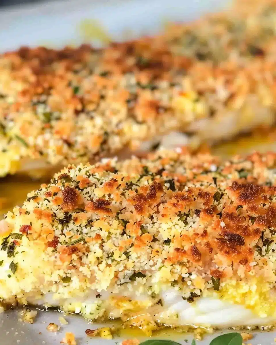 Parmesan Crusted Baked Mahi Mahi on a plate, garnished with herbs.