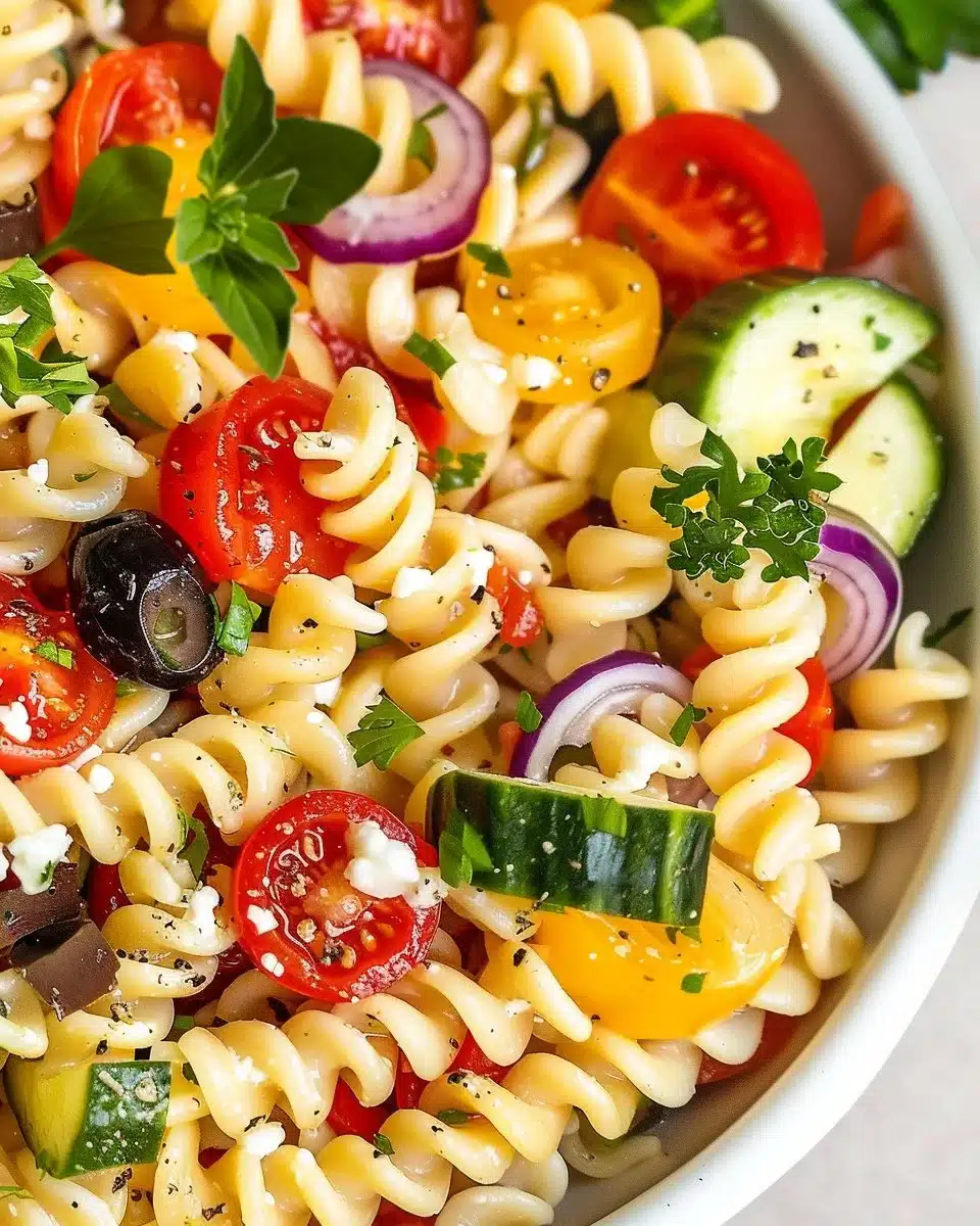Colorful and fresh pasta salad with veggies and dressing