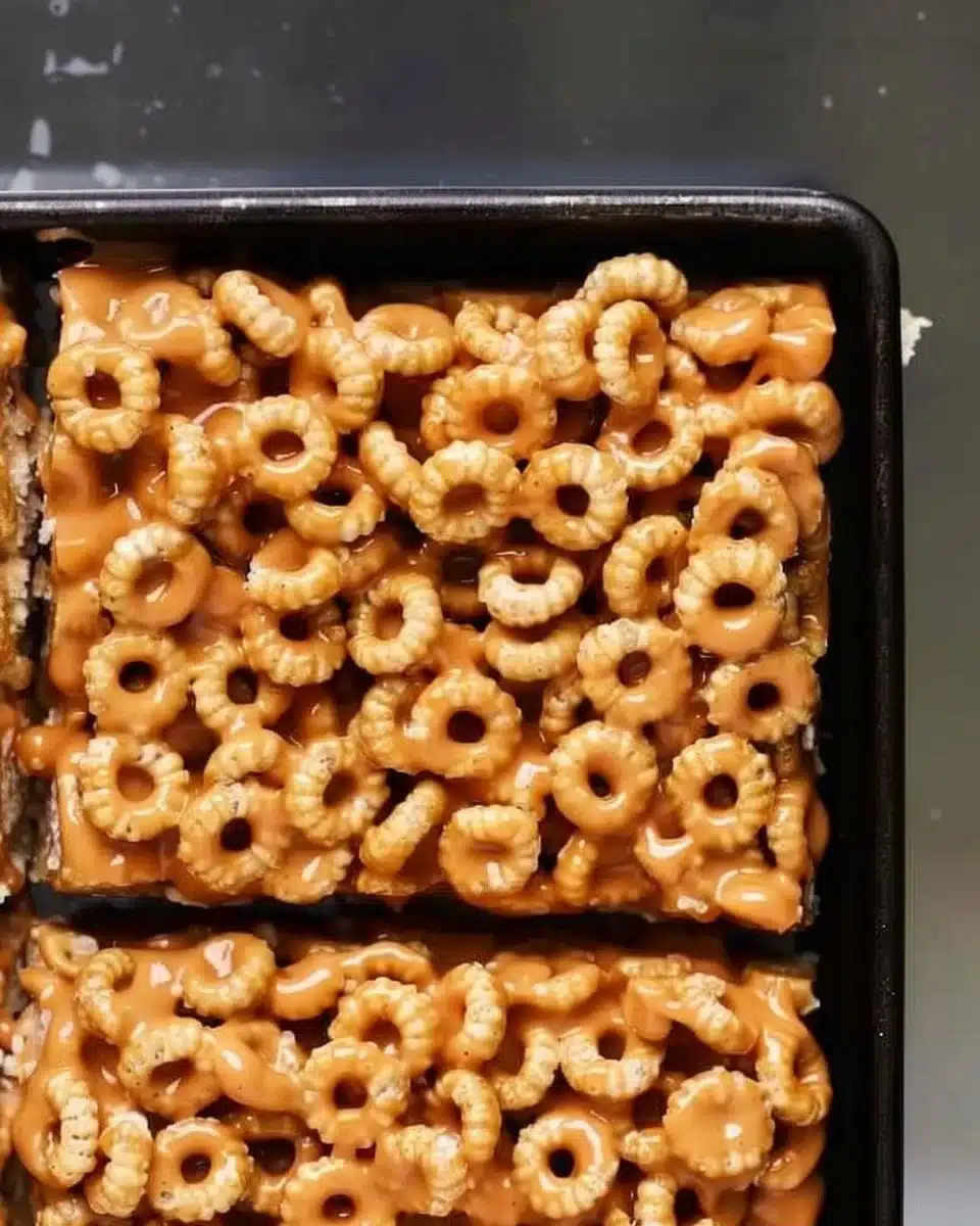 Delicious homemade Peanut Butter Cheerio Bars ready to enjoy as a snack.
