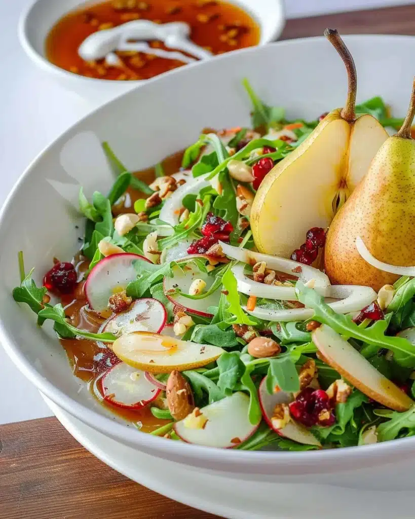 Fresh pear salad with greens, nuts, and cheese on a plate