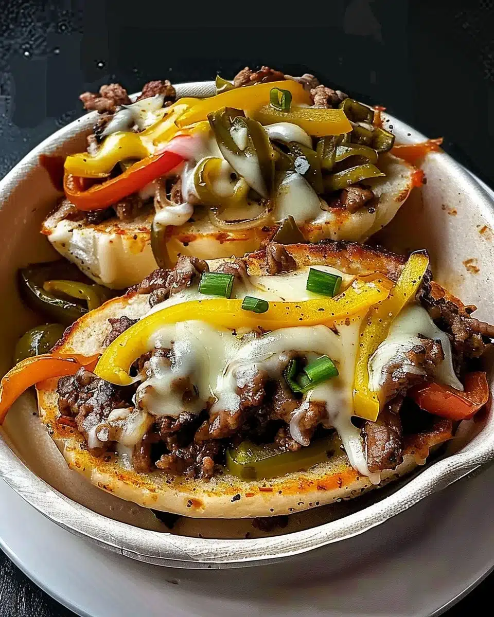Delicious Philly Cheesesteak Bowl featuring beef, cheese, and peppers