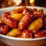 Pineapple Brown Sugar Mississippi Little Smokies appetizer bites served on a platter