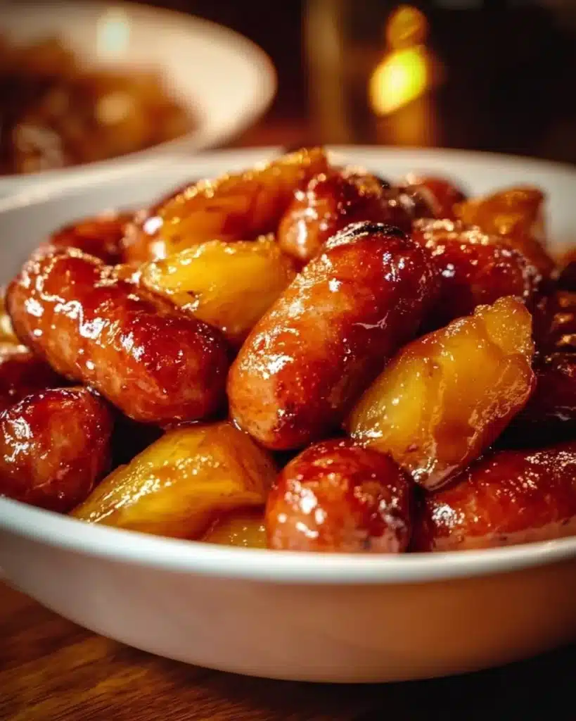 Pineapple Brown Sugar Mississippi Little Smokies appetizer bites served on a platter