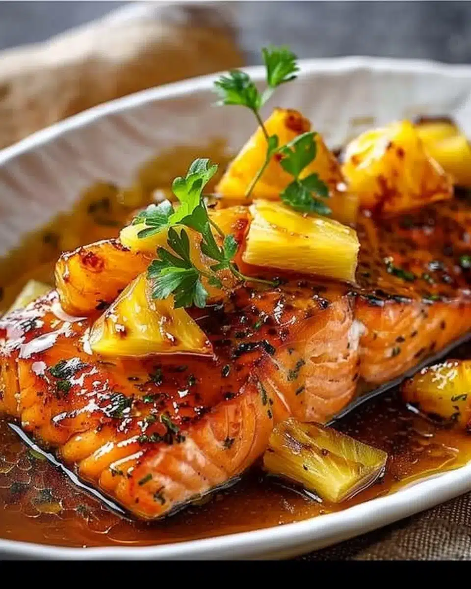 Delicious pineapple glazed salmon on a plate, garnished with herbs