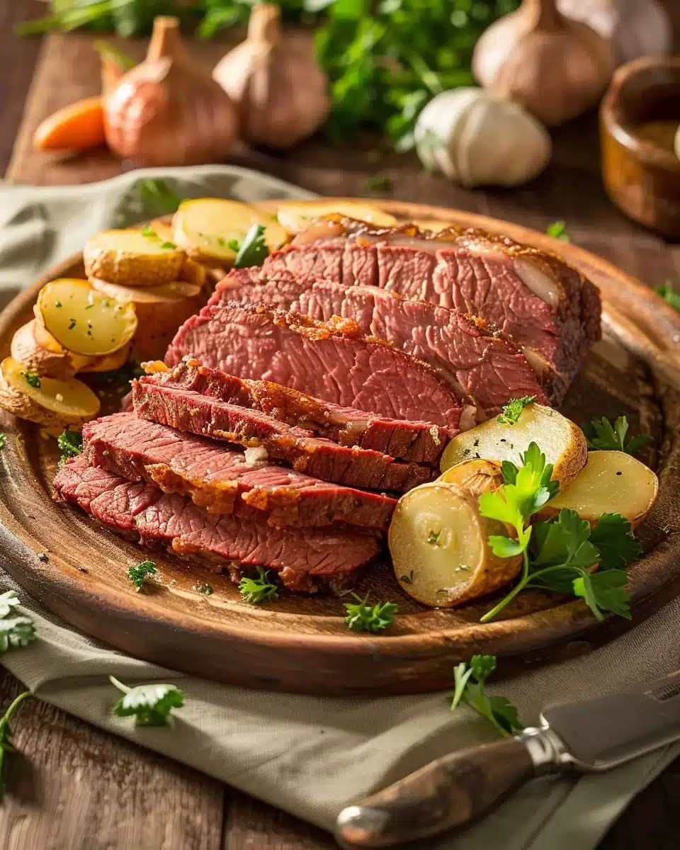 Pioneer Woman corned beef recipe served with vegetables