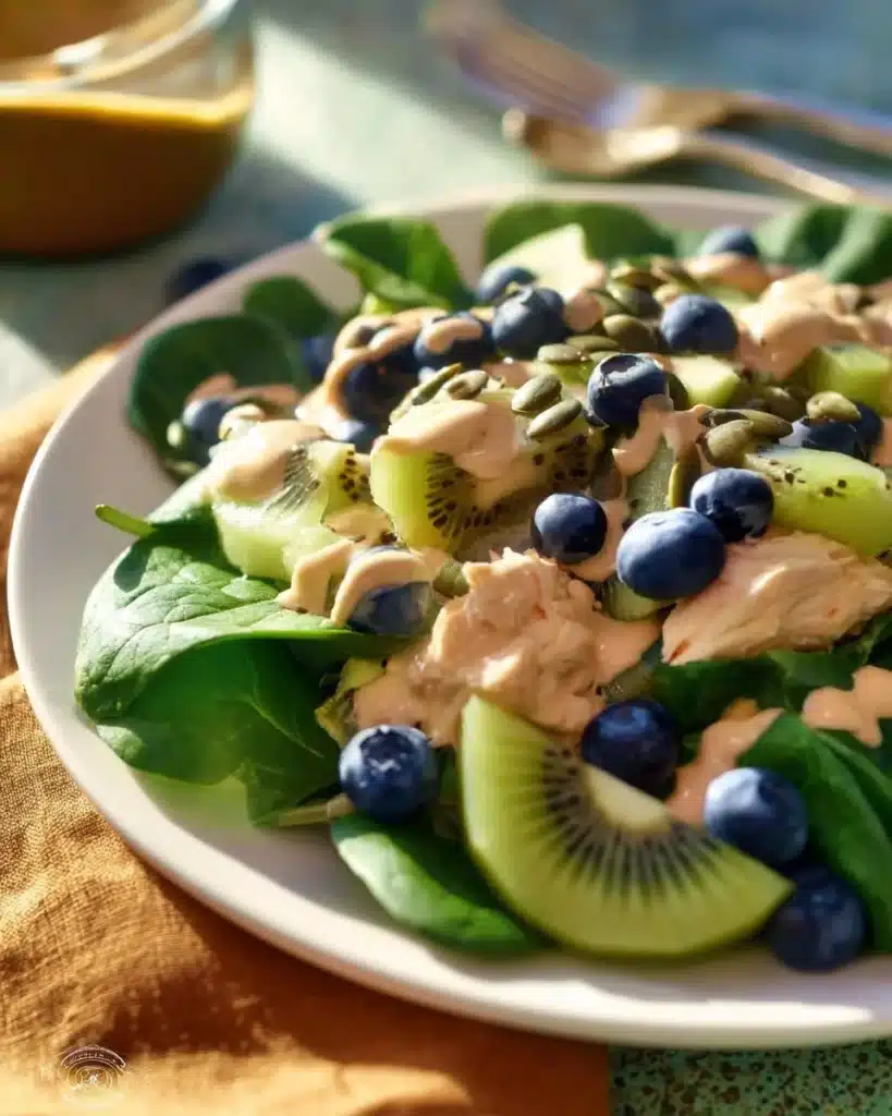 Pistachio Spinach Salad topped with creamy balsamic dressing and fresh ingredients.