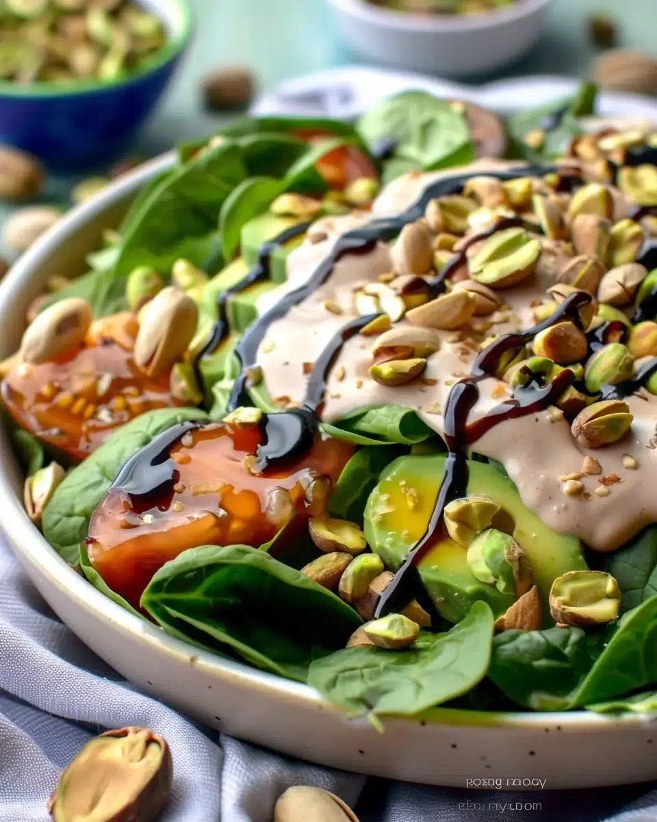 Pistachio Spinach Salad with Creamy Balsamic Dressing