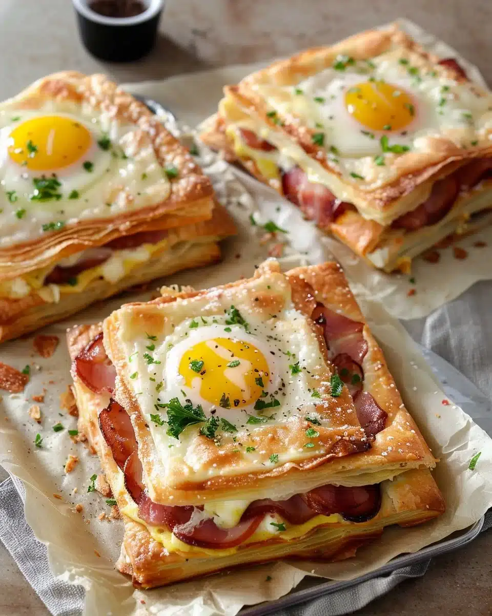 Puff Pastry Croque Madame with ham, cheese, and egg on a plate