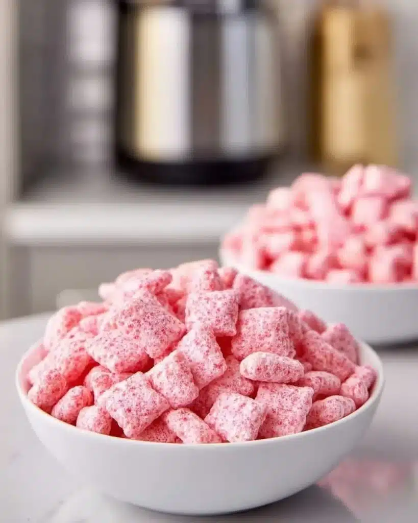 Bowl of Quick Strawberry Shortcake Puppy Chow with strawberries and whipped cream.