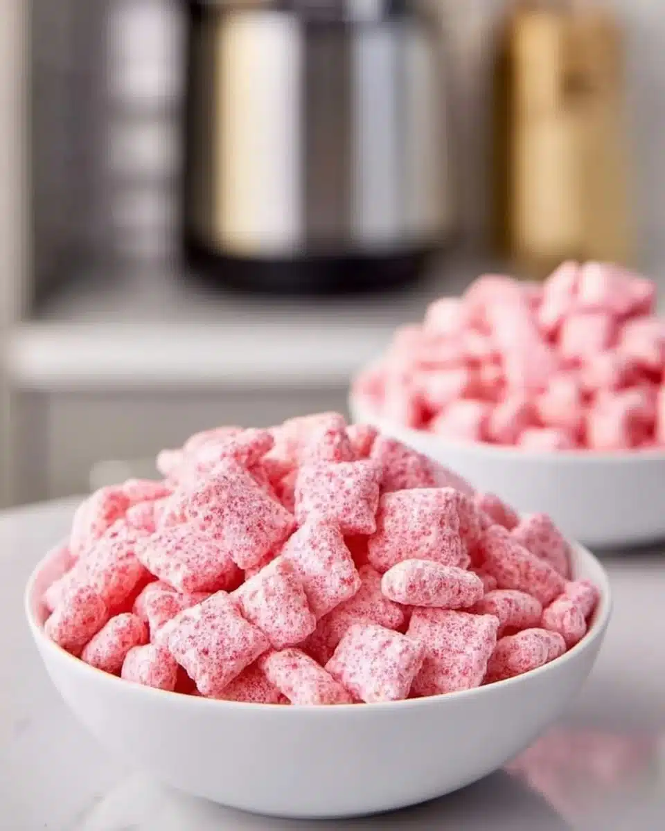 Bowl of Quick Strawberry Shortcake Puppy Chow with strawberries and whipped cream.