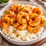 High Protein Honey Garlic Shrimp served on a plate with vegetables and sauce.