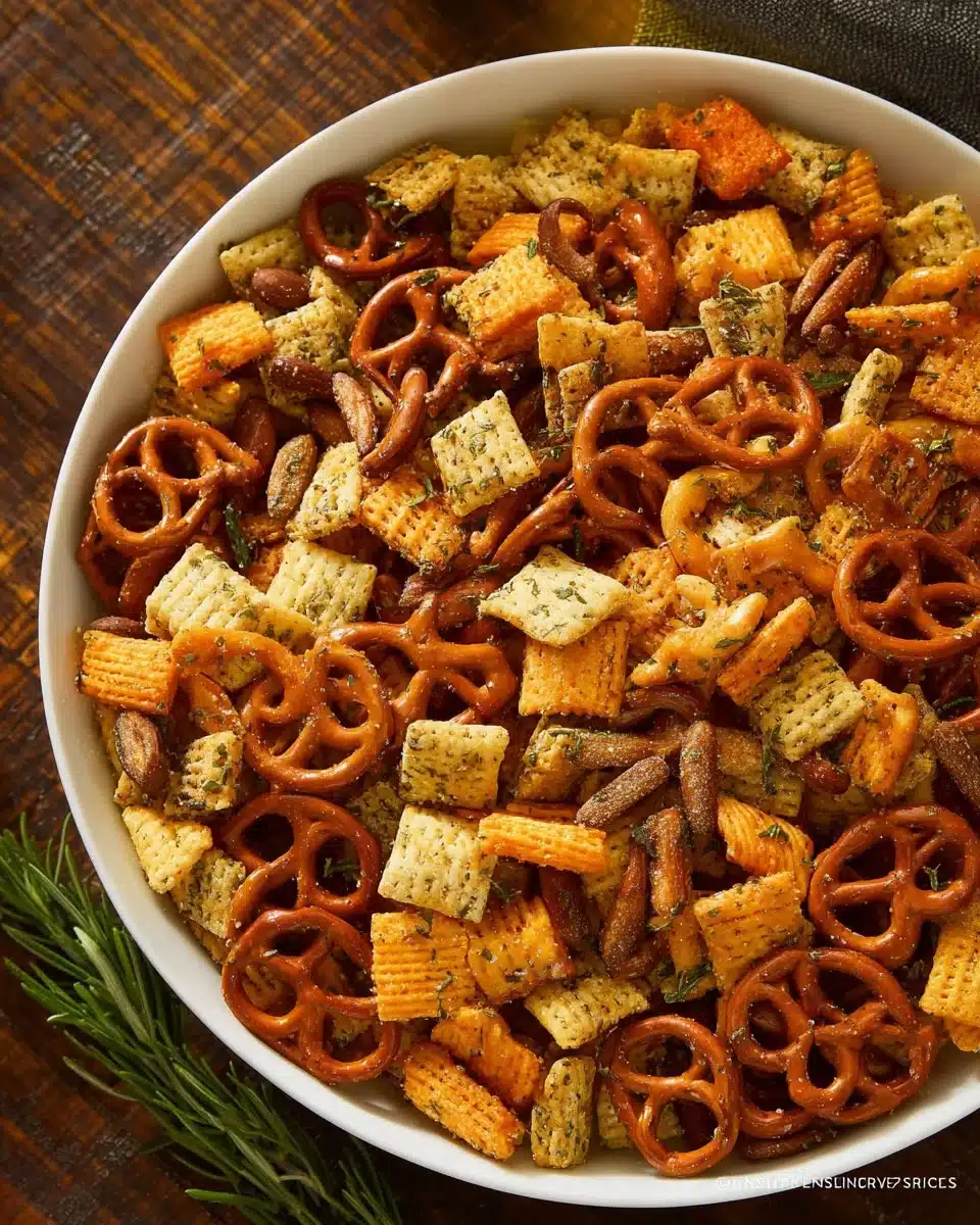 Bowl of Ranch Chex Mix with peanuts, cheese crackers, pretzels, and ranch seasoning.