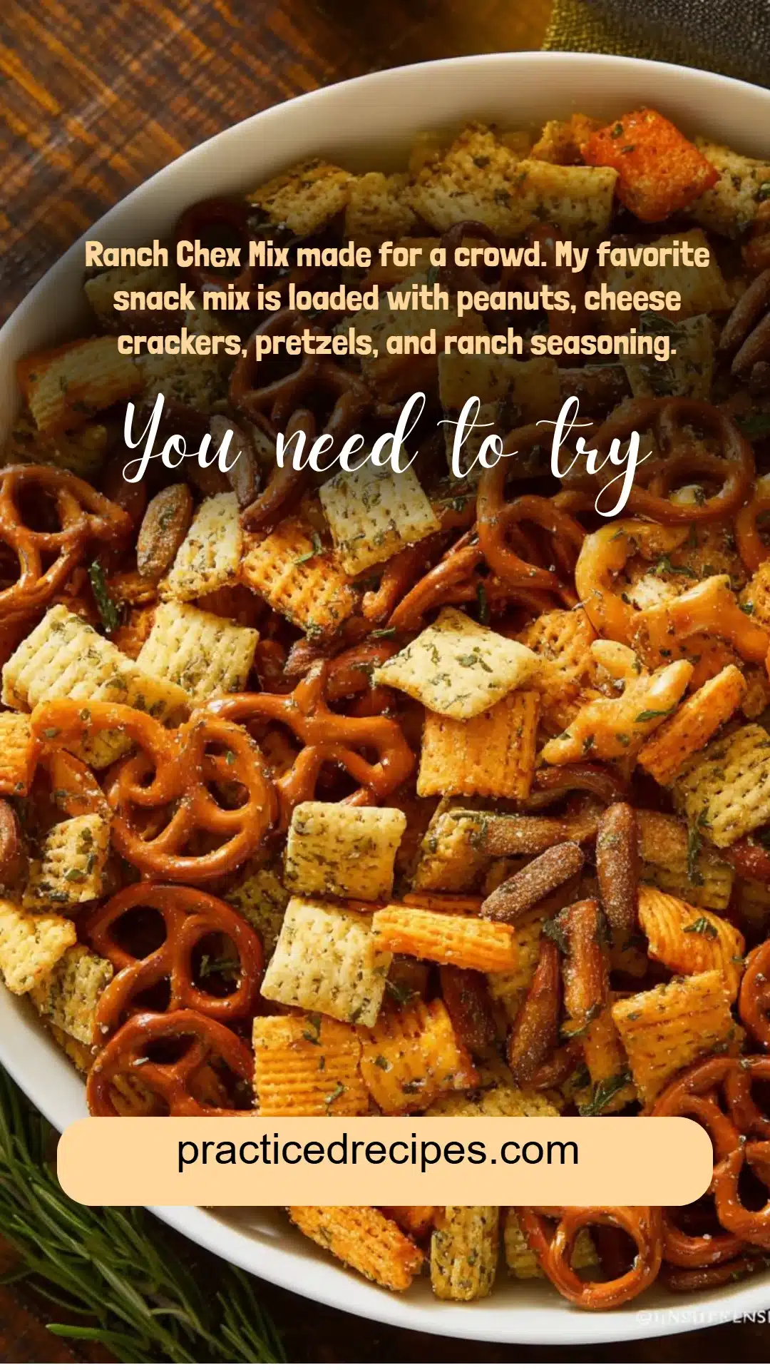 Ranch Chex Mix made for a crowd. My favorite snack mix is loaded with peanuts, cheese crackers, pretzels, and ranch seasoning.