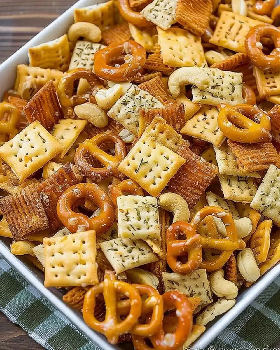 Ranch Chex Mix made for a crowd. My favorite snack mix is loaded with peanuts, cheese crackers, pretzels, and ranch seasoning.