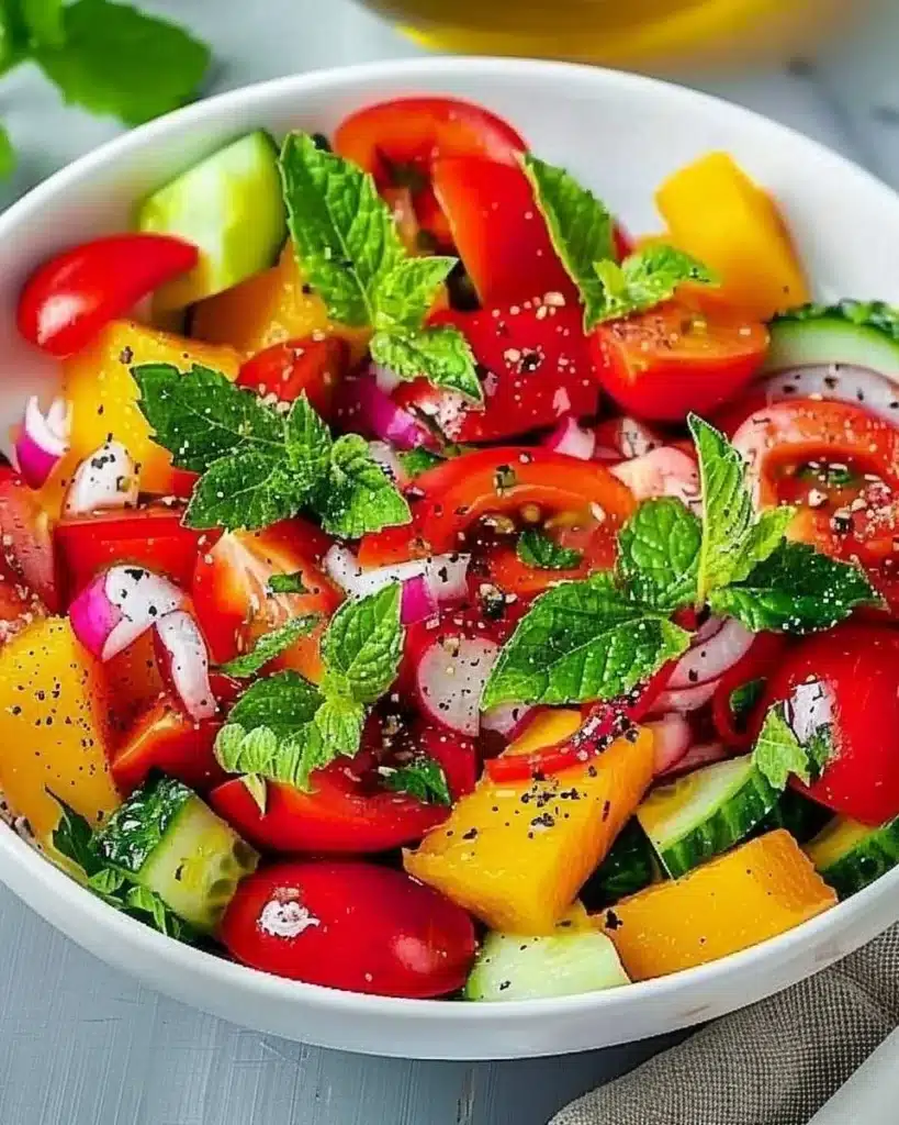 Bowl of refreshing summer salad with colorful vegetables and herbs