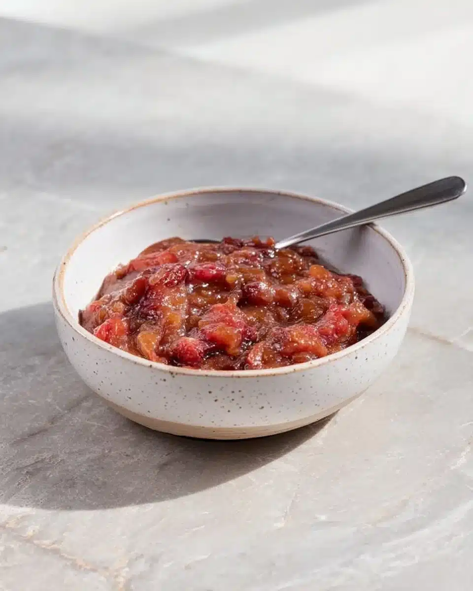 Jar of homemade rhubarb chutney with herbs and spices