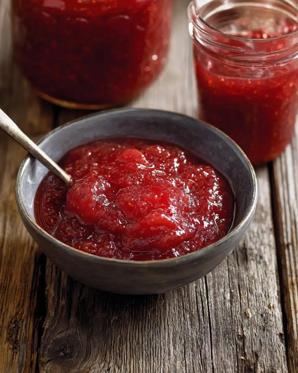 A jar of homemade rhubarb compote with fresh rhubarb stalks