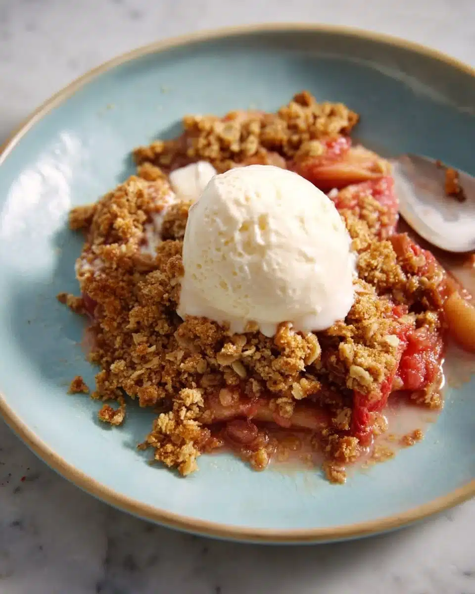 Homemade rhubarb crisp topped with golden oatmeal crumble