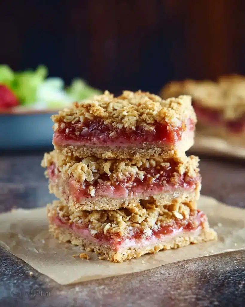 Delicious homemade rhubarb crumble bars on a rustic wooden table.
