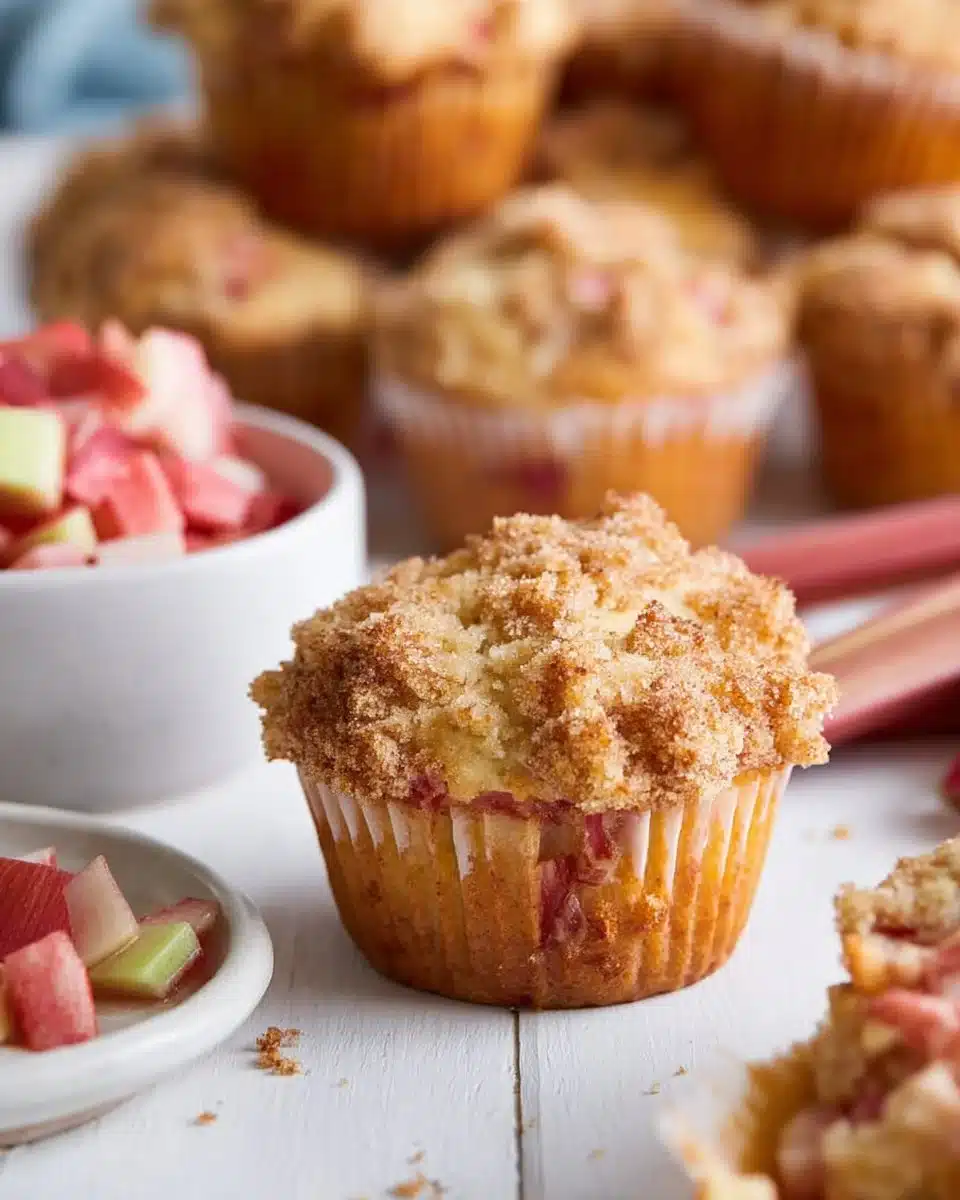 Freshly baked rhubarb muffins with a golden crust and vibrant rhubarb pieces.