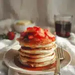 Fluffy rhubarb pancakes served with fresh fruit on a plate.