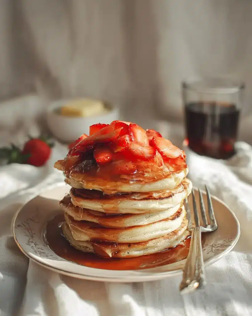 Fluffy rhubarb pancakes served with fresh fruit on a plate.