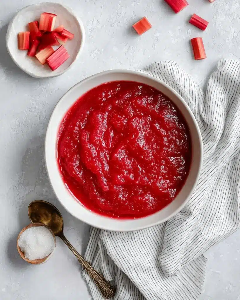 Homemade rhubarb sauce in a jar with fresh rhubarb stalks