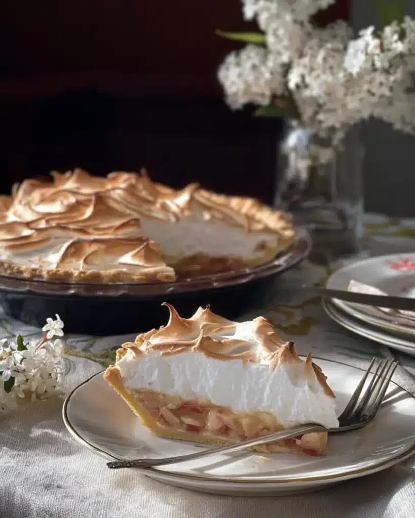 A delicious rhubarb tart topped with meringue and fresh rhubarb slices.