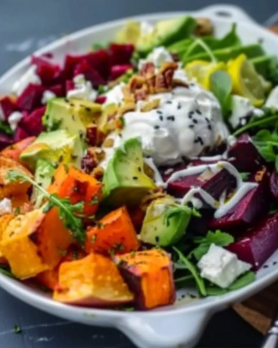 Roasted beet, sweet potato, and avocado salad in a bowl