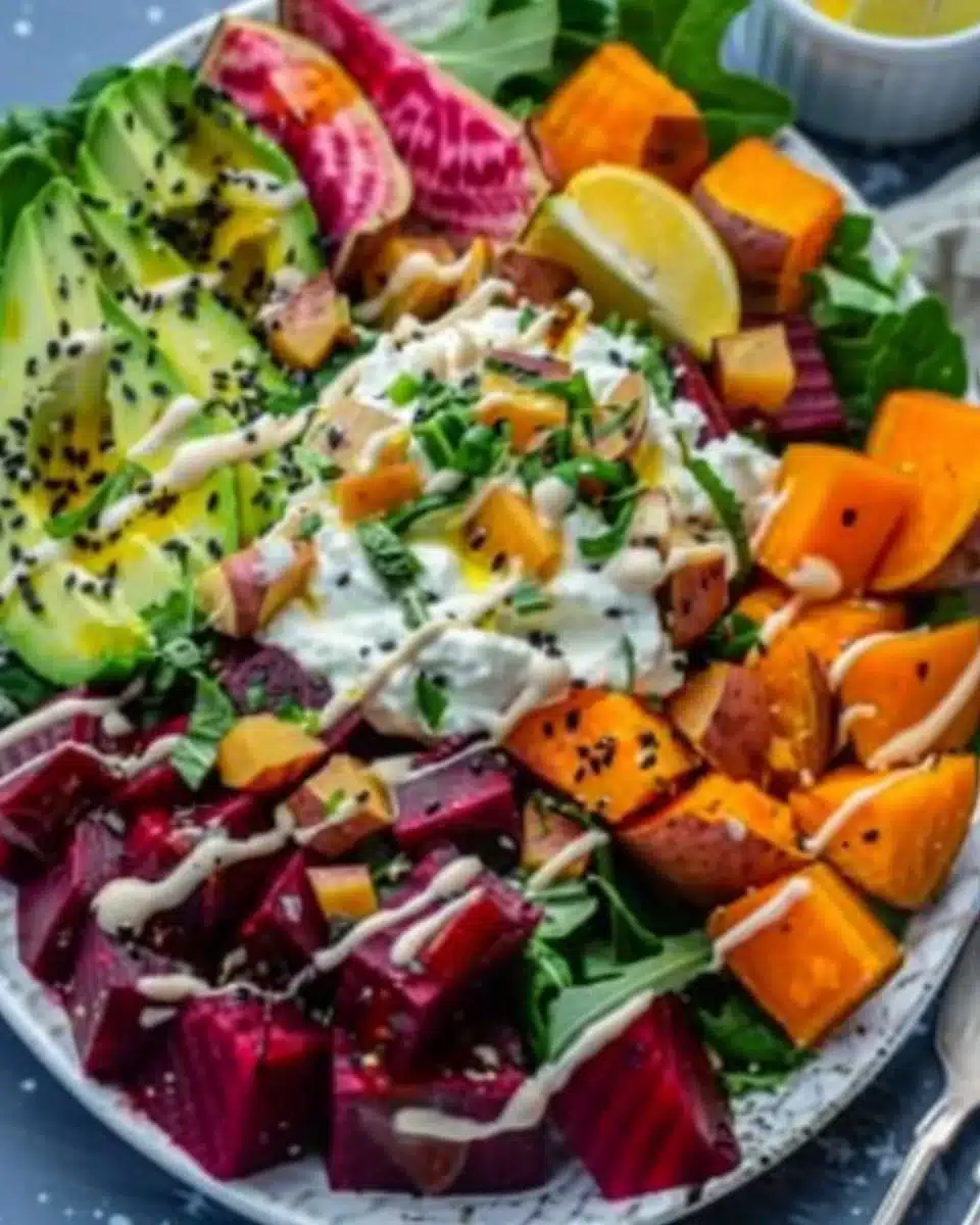 Roasted Beet, Sweet Potato & Avocado Salad with Whipped Ricotta & Lemon-Tahini Drizzle