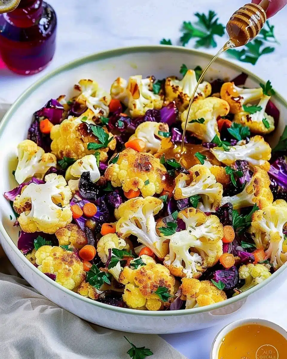 Plate of roasted cauliflower topped with honey and lemon dressing.