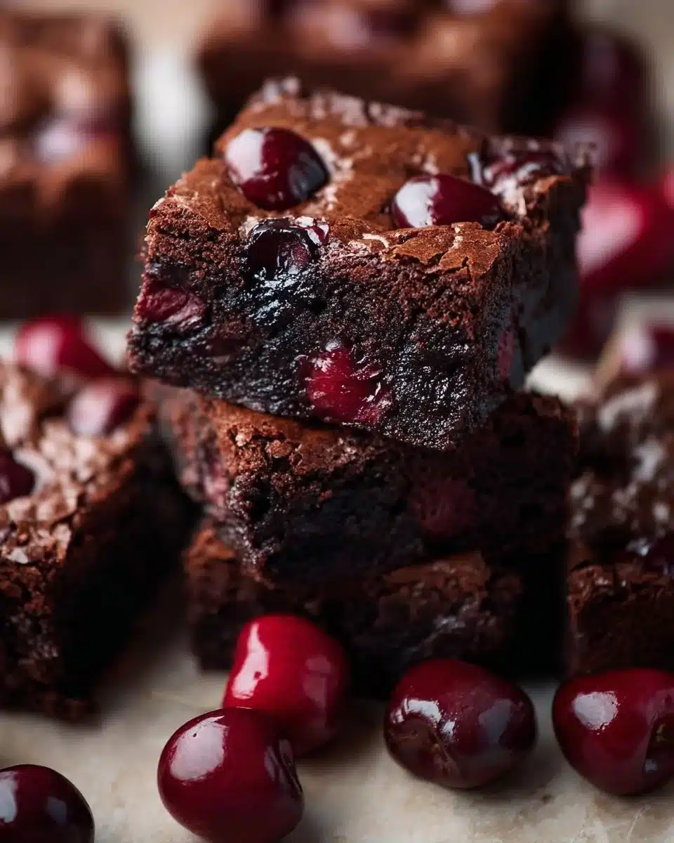 Delicious roasted cherry brownies topped with fresh cherries