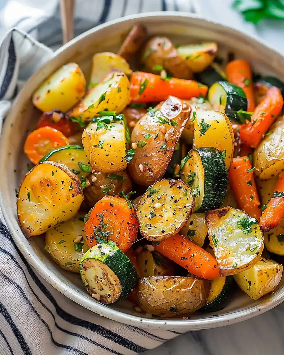Plate of roasted potatoes, carrots, and zucchini served as a healthy side dish.